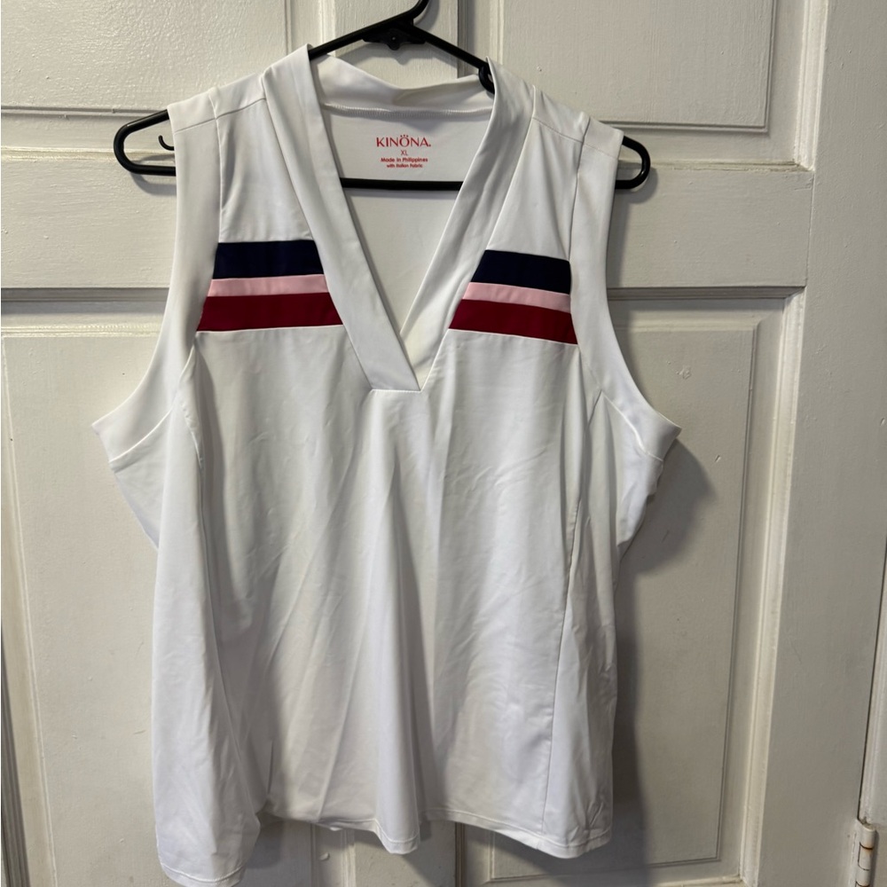 Kinona Women's White Sleeveless Top with Red and Blue Stripes L